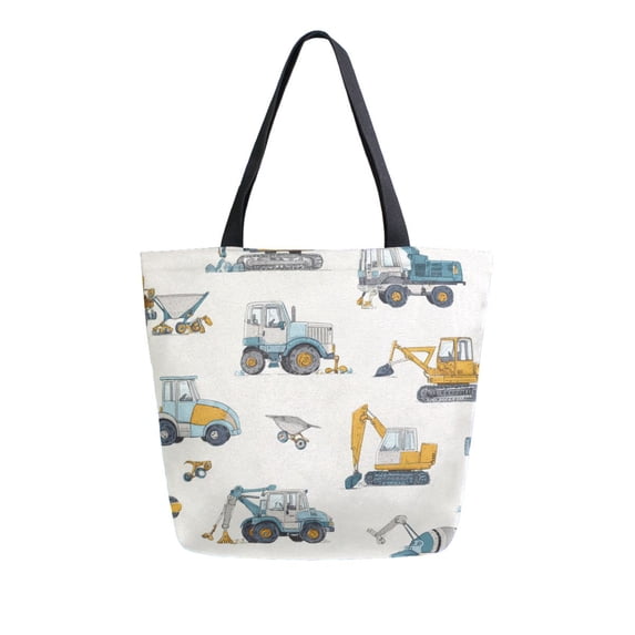 Open Top Canvas Tote Bag with Zipper Reusable Shopping Bag 13.5x15" Roomy Carryall Engineering Vehicle Pattern