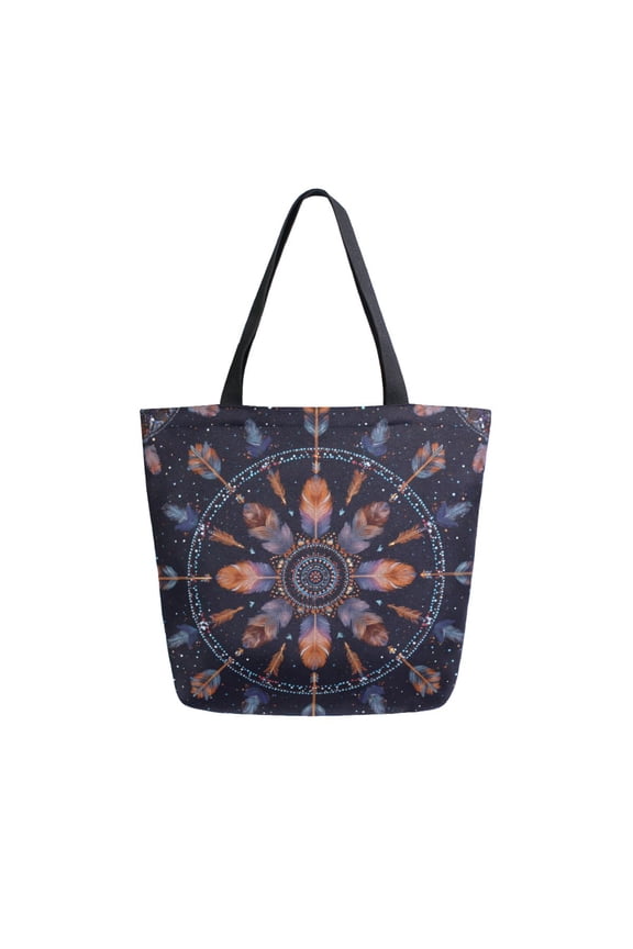 Open Top Canvas Tote Bag with Zipper Reusable Shopping Bag 13.5x15" Roomy Carryall Feathers and Beads Pattern