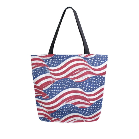 Open Top Canvas Tote Bag with Zipper Reusable Shopping Bag 13.5x15" Roomy Carryall Flags Wave Pattern