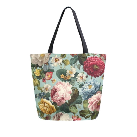 Open Top Canvas Tote Bag with Zipper Reusable Shopping Bag 13.5x15" Roomy Carryall Floral Pattern with Roses