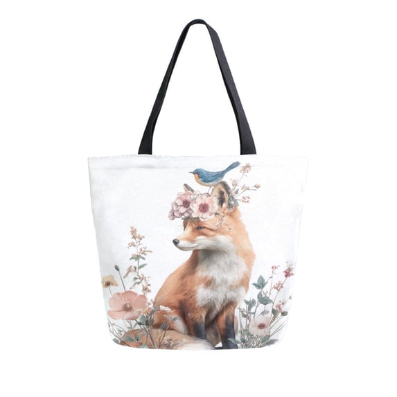 Open Top Canvas Tote Bag with Zipper Reusable Shopping Bag 13.5x15" Roomy Carryall Fox with A Bird