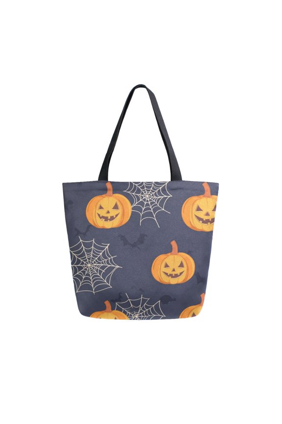 Open Top Canvas Tote Bag with Zipper Reusable Shopping Bag 13.5x15" Roomy Carryall Halloween Pumpkin and Spider Webs