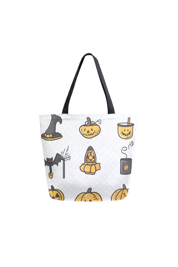 Open Top Canvas Tote Bag with Zipper Reusable Shopping Bag 13.5x15" Roomy Carryall Halloween Pumpkins and Other Icons