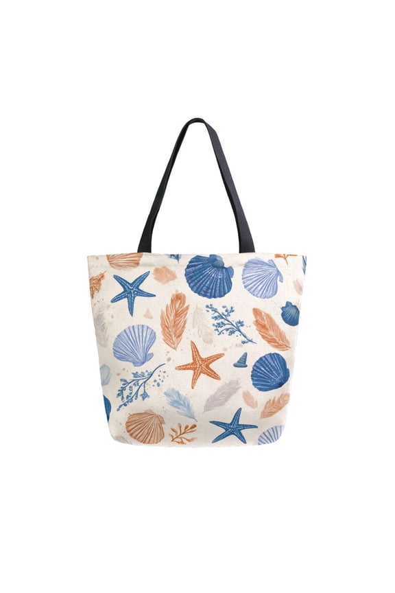 Open Top Canvas Tote Bag with Zipper Reusable Shopping Bag 13.5x15" Roomy Carryall Hand-drawn Shell Pattern