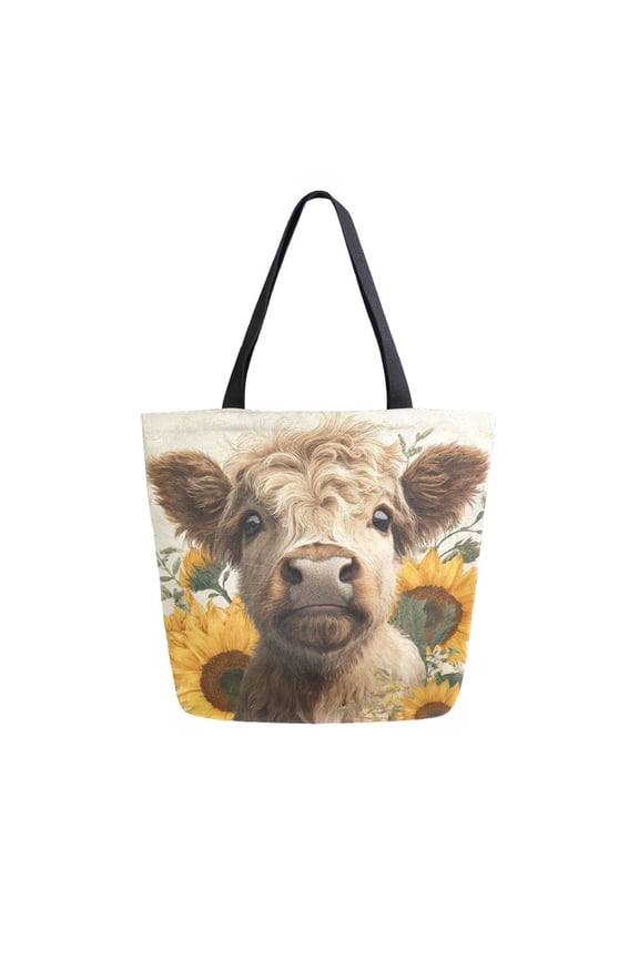 Open Top Canvas Tote Bag with Zipper Reusable Shopping Bag 13.5x15" Roomy Carryall Highland Cow and Sunflowers
