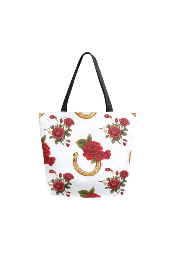 Open Top Canvas Tote Bag with Zipper Reusable Shopping Bag 13.5x15" Roomy Carryall Horseshoe Pattern with Red Roses