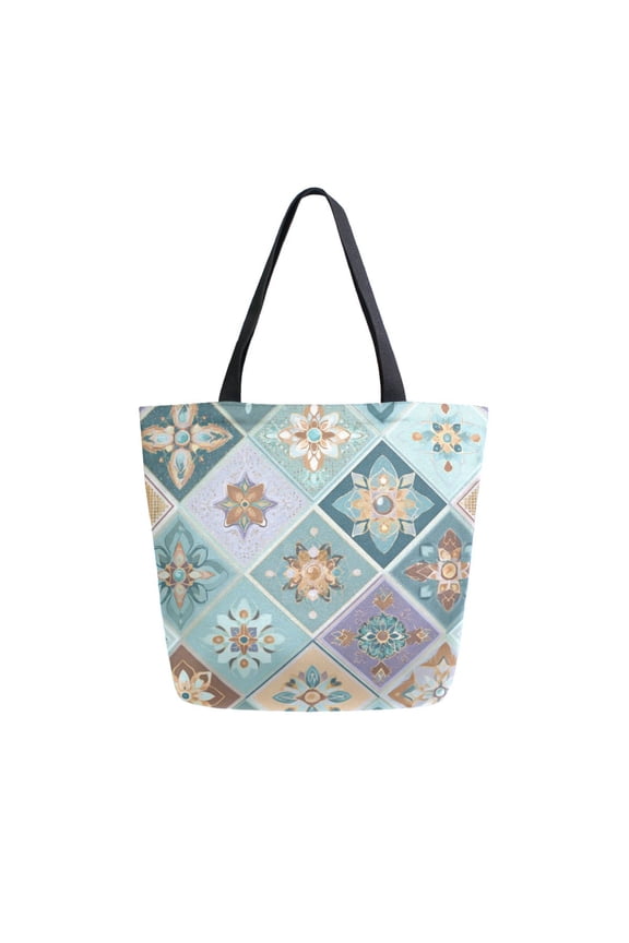 Open Top Canvas Tote Bag with Zipper Reusable Shopping Bag 13.5x15" Roomy Carryall Intricate Blue Shape