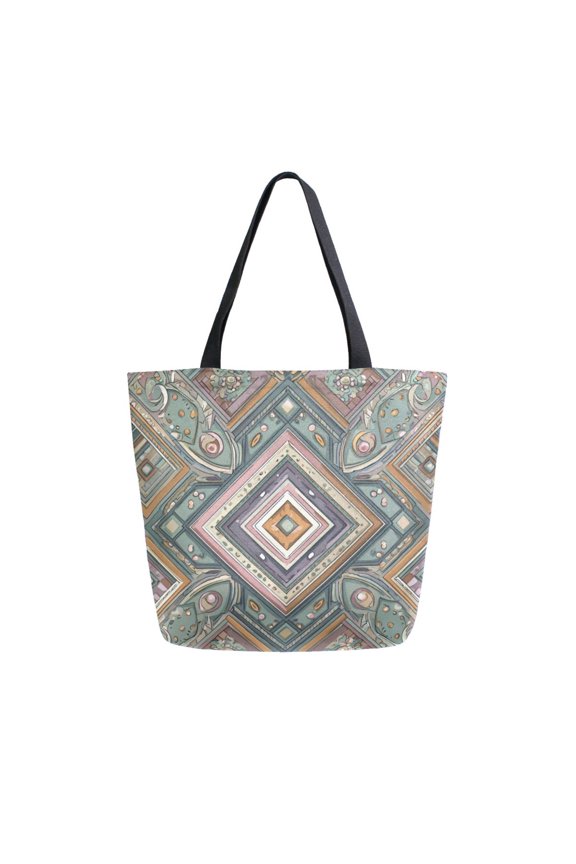 Open Top Canvas Tote Bag with Zipper Reusable Shopping Bag 13.5x15" Roomy Carryall Intricate Brown Batik Pattern