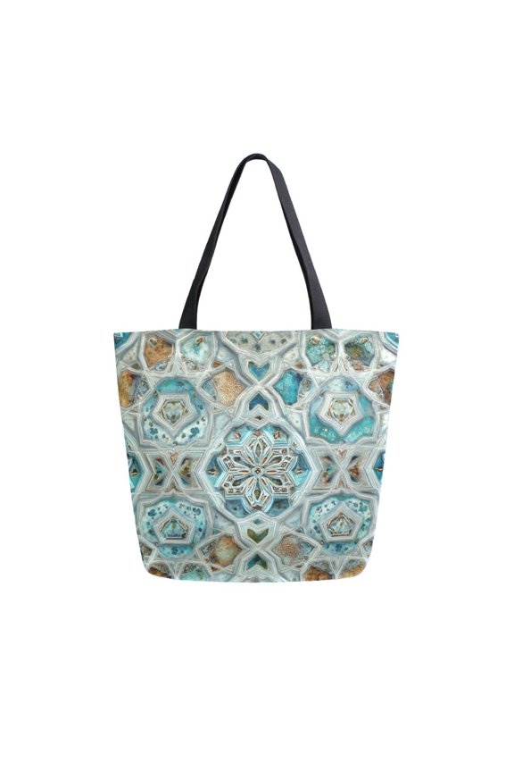 Open Top Canvas Tote Bag with Zipper Reusable Shopping Bag 13.5x15" Roomy Carryall Intricate Pastel Blue Pattern