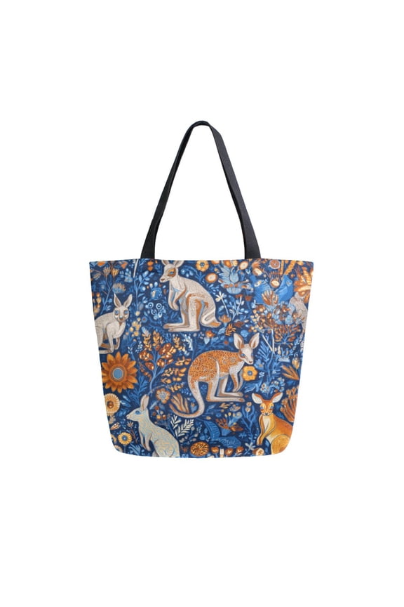 Open Top Canvas Tote Bag with Zipper Reusable Shopping Bag 13.5x15" Roomy Carryall Kangaroos and Koalas Animals
