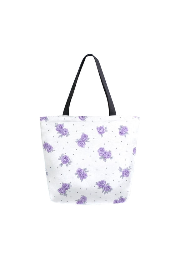 Open Top Canvas Tote Bag with Zipper Reusable Shopping Bag 13.5x15" Roomy Carryall Lavender Roses Pattern