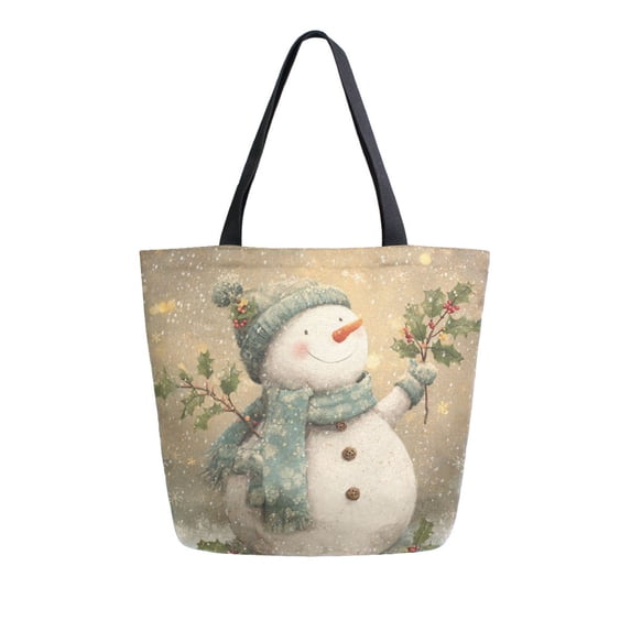 Open Top Canvas Tote Bag with Zipper Reusable Shopping Bag 13.5x15" Roomy Carryall Light Green Smiling Snowman