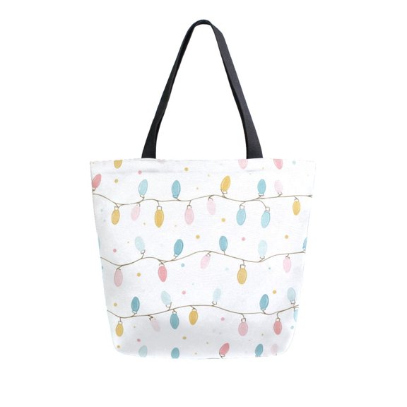 Open Top Canvas Tote Bag with Zipper Reusable Shopping Bag 13.5x15" Roomy Carryall Minimalist Christmas Lights Pattern