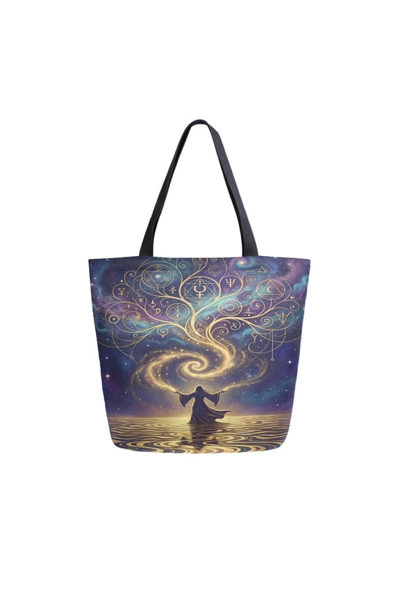 Open Top Canvas Tote Bag with Zipper Reusable Shopping Bag 13.5x15" Roomy Carryall Mystical Silhouette