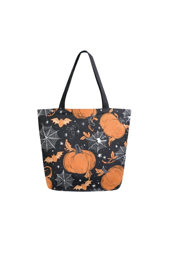 Open Top Canvas Tote Bag with Zipper Reusable Shopping Bag 13.5x15" Roomy Carryall Orange Pumpkins and Spider Webs
