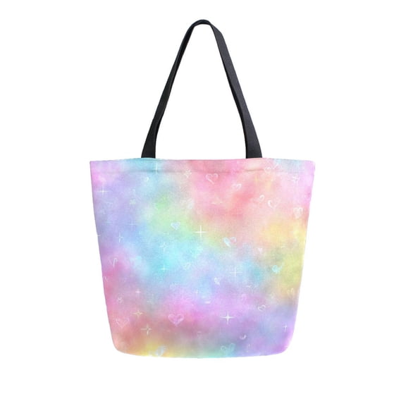 Open Top Canvas Tote Bag with Zipper Reusable Shopping Bag 13.5x15" Roomy Carryall Pastel Rainbow Tie-dye