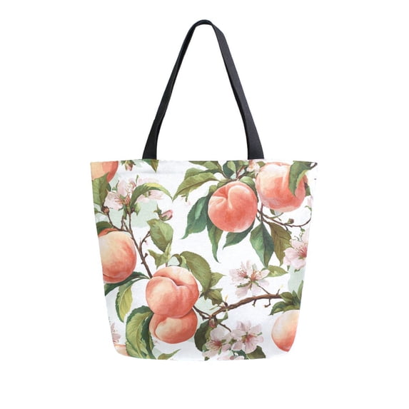 Open Top Canvas Tote Bag with Zipper Reusable Shopping Bag 13.5x15" Roomy Carryall Peach Fruit Pattern