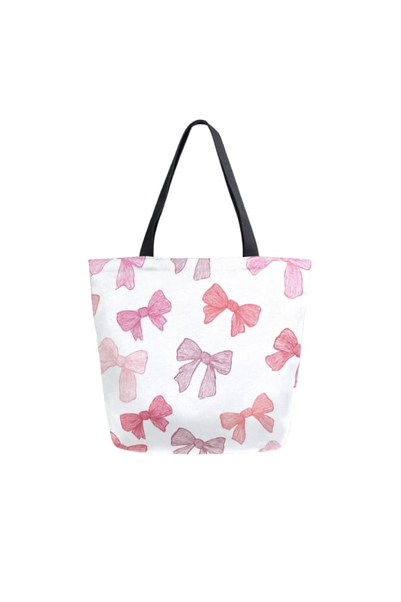 Open Top Canvas Tote Bag with Zipper Reusable Shopping Bag 13.5x15" Roomy Carryall Pink Bows Pattern