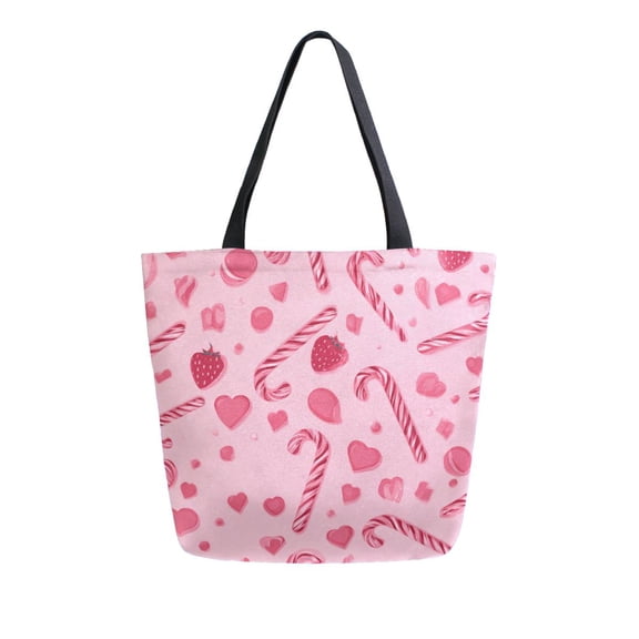 Open Top Canvas Tote Bag with Zipper Reusable Shopping Bag 13.5x15" Roomy Carryall Pink Candy Cane and Strawberry