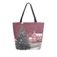 thumbnail image 1 of Open Top Canvas Tote Bag with Zipper Reusable Shopping Bag 13.5x15" Roomy Carryall Pink Christmas Trees and Houses, 1 of 9