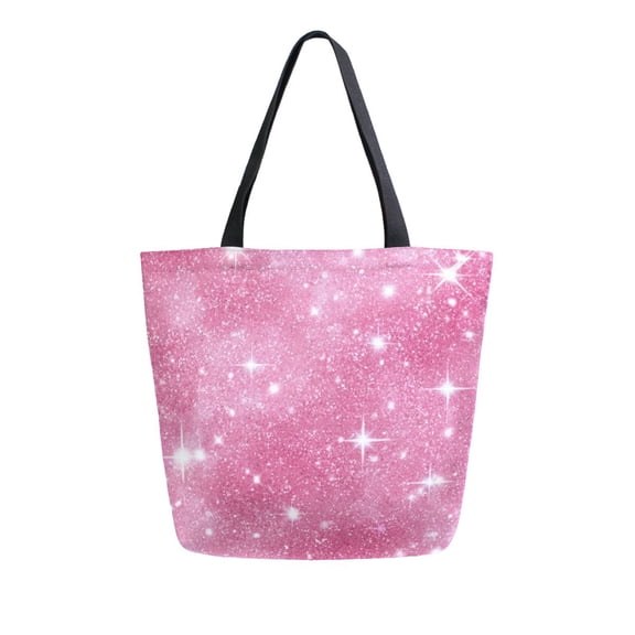 Open Top Canvas Tote Bag with Zipper Reusable Shopping Bag 13.5x15" Roomy Carryall Pink Glitter Background