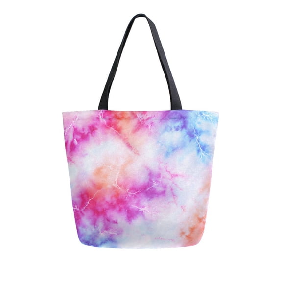 Open Top Canvas Tote Bag with Zipper Reusable Shopping Bag 13.5x15" Roomy Carryall Pink and Blue Tie-dye Pattern