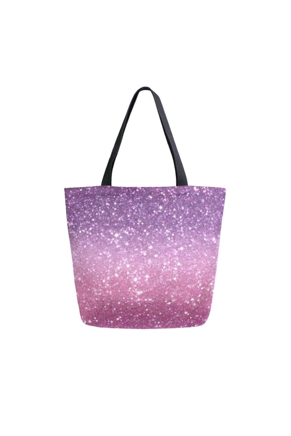 Open Top Canvas Tote Bag with Zipper Reusable Shopping Bag 13.5x15" Roomy Carryall Pink and Purple Glitter Pattern