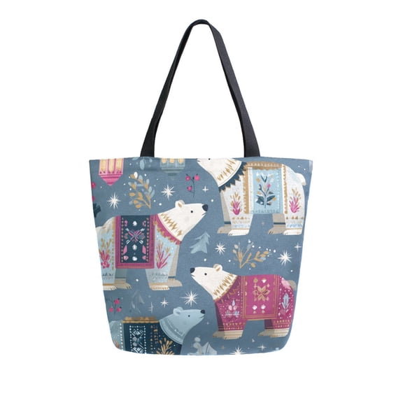 Open Top Canvas Tote Bag with Zipper Reusable Shopping Bag 13.5x15" Roomy Carryall Polar Bear Pattern