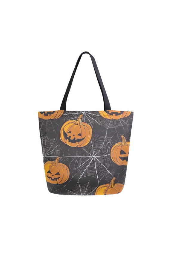 Open Top Canvas Tote Bag with Zipper Reusable Shopping Bag 13.5x15" Roomy Carryall Pumpkins and Spider Web