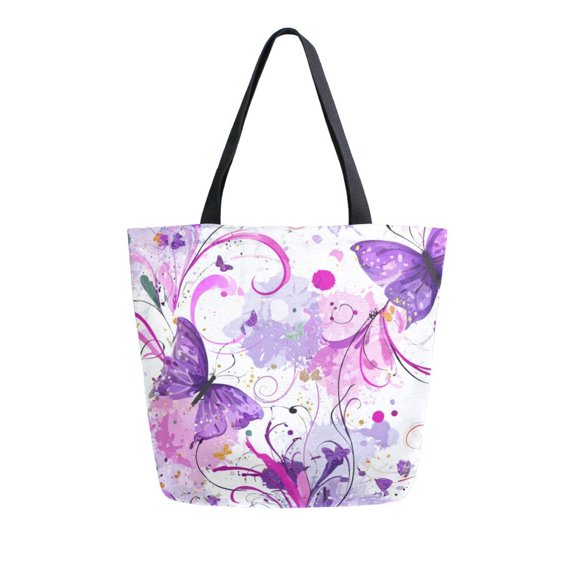 Open Top Canvas Tote Bag with Zipper Reusable Shopping Bag 13.5x15" Roomy Carryall Purple Butterfly with Swirls