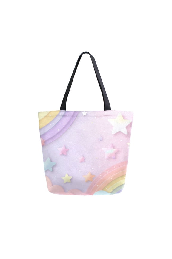 Open Top Canvas Tote Bag with Zipper Reusable Shopping Bag 13.5x15" Roomy Carryall Rainbow Stars and Cloud Pattern
