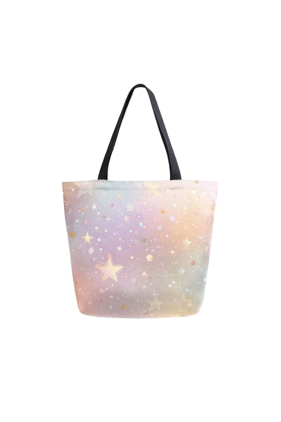 Open Top Canvas Tote Bag with Zipper Reusable Shopping Bag 13.5x15" Roomy Carryall Rainbow-colored Stars and Dots