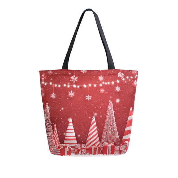 Open Top Canvas Tote Bag with Zipper Reusable Shopping Bag 13.5x15" Roomy Carryall Red Christmas Tree and Lights