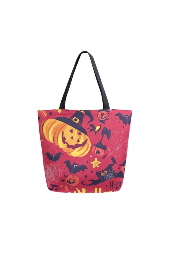 Open Top Canvas Tote Bag with Zipper Reusable Shopping Bag 13.5x15" Roomy Carryall Red Cute Halloween Icon