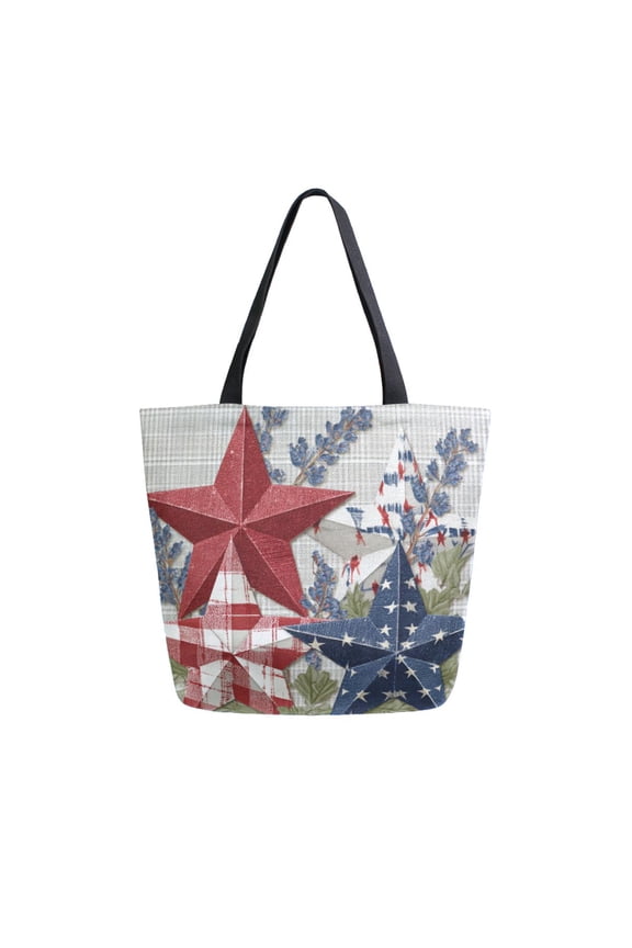 Open Top Canvas Tote Bag with Zipper Reusable Shopping Bag 13.5x15" Roomy Carryall Red White and Blue Stars