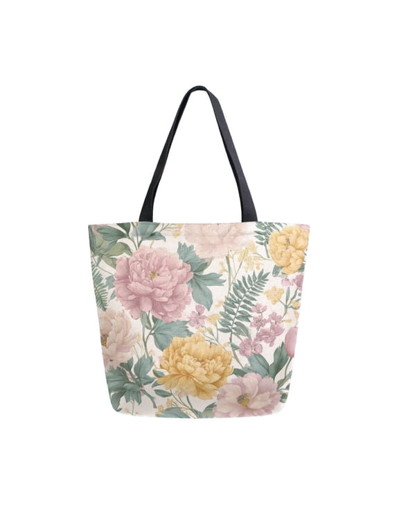 Open Top Canvas Tote Bag with Zipper Reusable Shopping Bag 13.5x15" Roomy Carryall Retro Plant Pattern