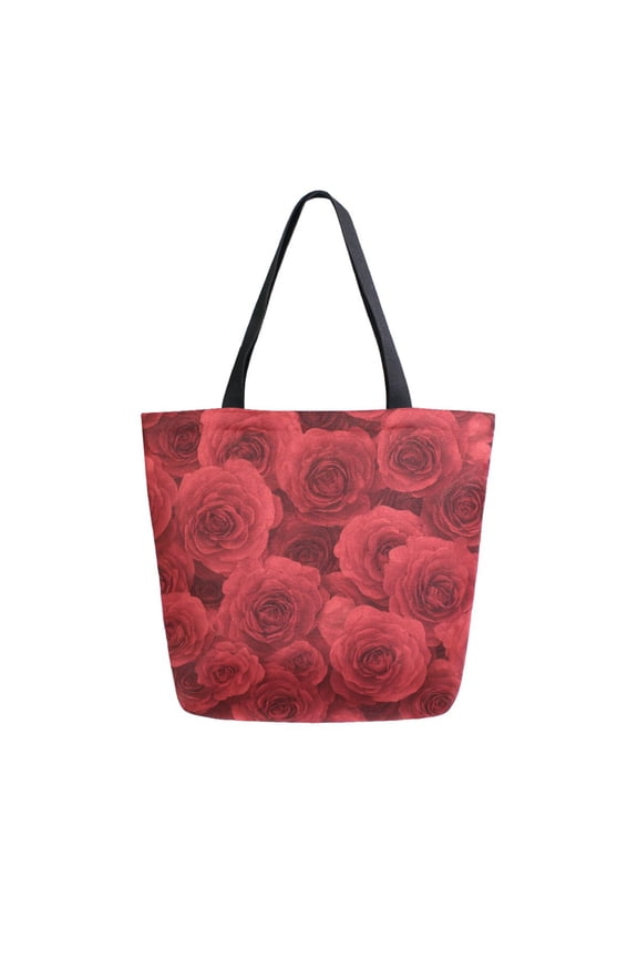 Open Top Canvas Tote Bag with Zipper Reusable Shopping Bag 13.5x15" Roomy Carryall Romantic Red Roses in Rows