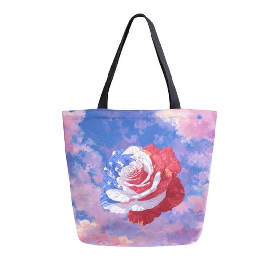 Open Top Canvas Tote Bag with Zipper Reusable Shopping Bag 13.5x15" Roomy Carryall Rose with Flag Pattern