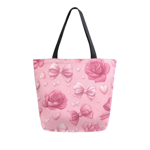 Open Top Canvas Tote Bag with Zipper Reusable Shopping Bag 13.5x15" Roomy Carryall Roses and Bows Pattern