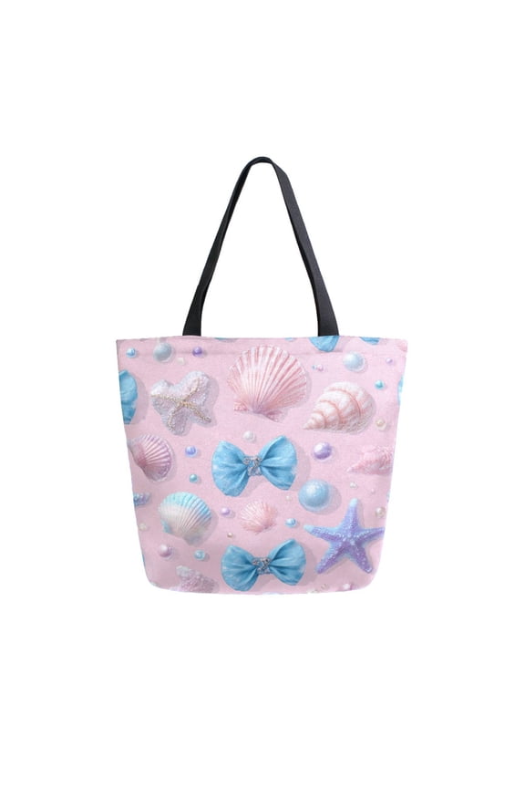 Open Top Canvas Tote Bag with Zipper Reusable Shopping Bag 13.5x15" Roomy Carryall Seashells and Bows