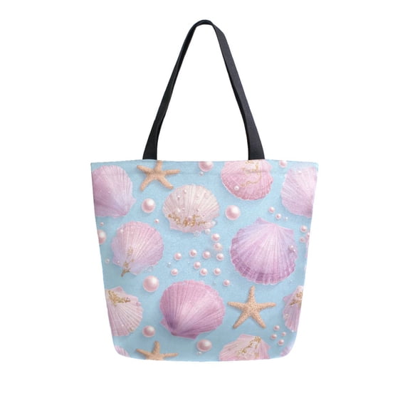Open Top Canvas Tote Bag with Zipper Reusable Shopping Bag 13.5x15" Roomy Carryall Seashells and Pearls Pattern