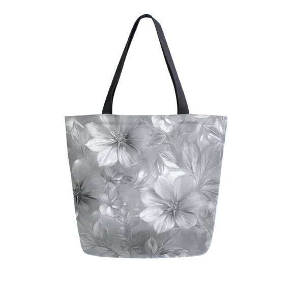 Open Top Canvas Tote Bag with Zipper Reusable Shopping Bag 13.5x15" Roomy Carryall Silver Metal Flower Pattern