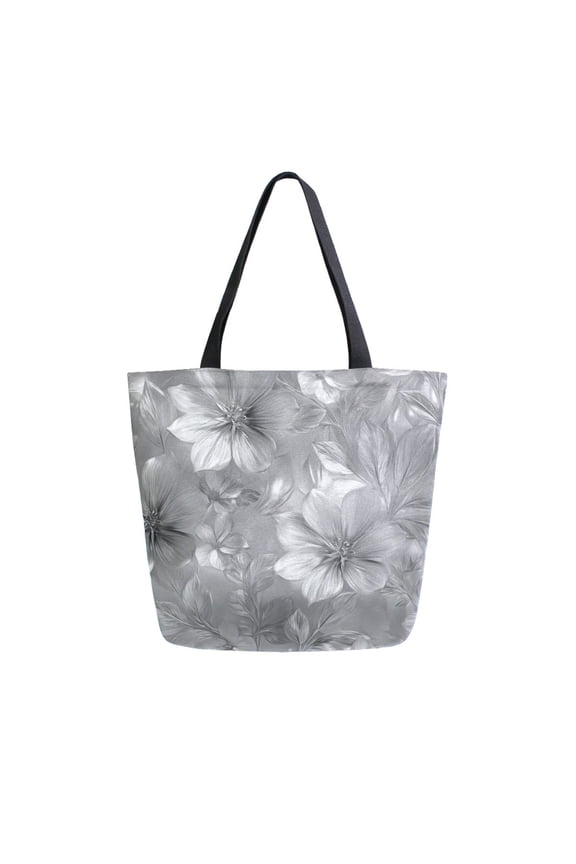 Open Top Canvas Tote Bag with Zipper Reusable Shopping Bag 13.5x15" Roomy Carryall Silver Metal Flower Pattern