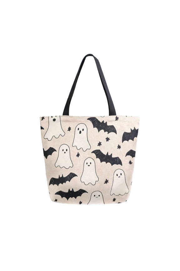 Open Top Canvas Tote Bag with Zipper Reusable Shopping Bag 13.5x15" Roomy Carryall Simple Ghosts and Bats