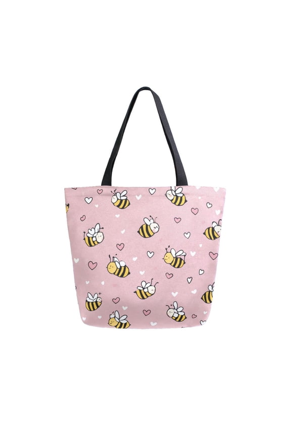Open Top Canvas Tote Bag with Zipper Reusable Shopping Bag 13.5x15" Roomy Carryall Small Heart and Bee Patterns
