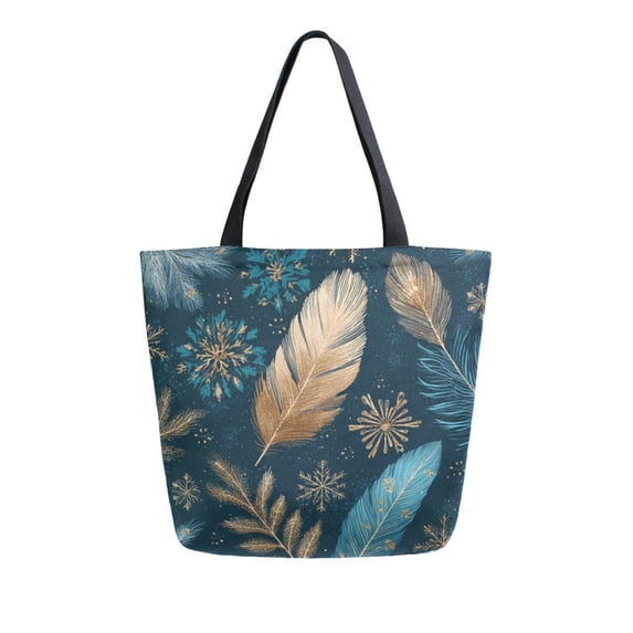 Open Top Canvas Tote Bag with Zipper Reusable Shopping Bag 13.5x15" Roomy Carryall Snowflake and Feather Pattern