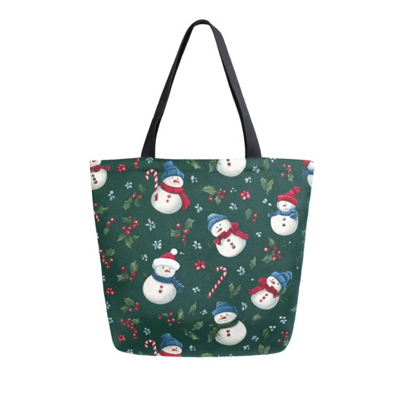 Open Top Canvas Tote Bag with Zipper Reusable Shopping Bag 13.5x15" Roomy Carryall Snowmen and Candy Canes Pattern