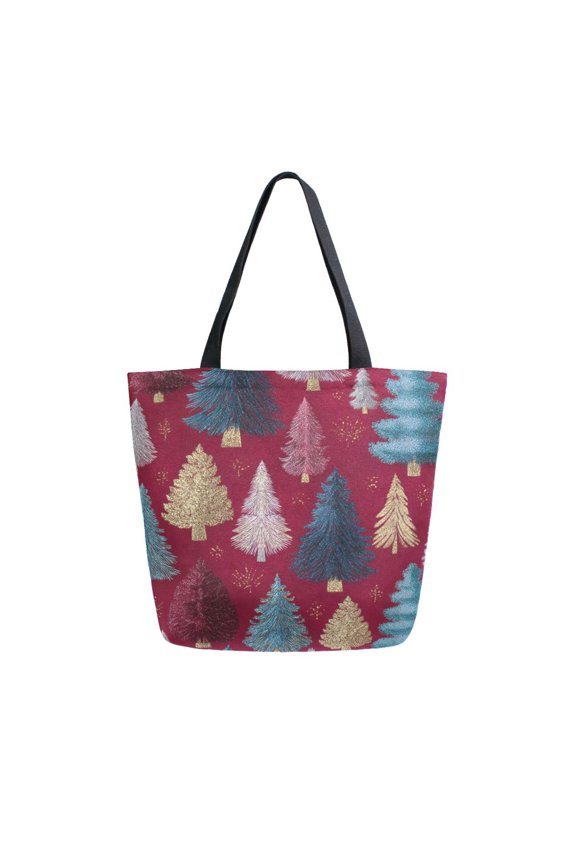 Open Top Canvas Tote Bag with Zipper Reusable Shopping Bag 13.5x15" Roomy Carryall Stylized Christmas Trees