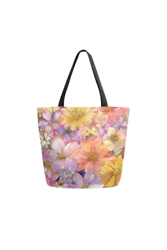 Open Top Canvas Tote Bag with Zipper Reusable Shopping Bag 13.5x15" Roomy Carryall Summer Blossoms