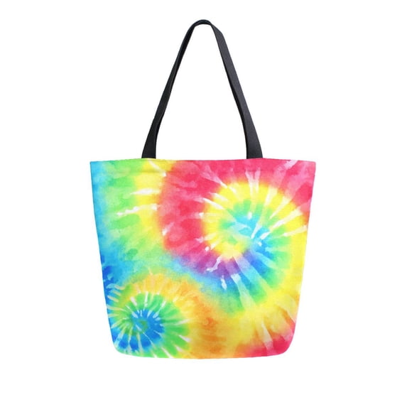 Open Top Canvas Tote Bag with Zipper Reusable Shopping Bag 13.5x15" Roomy Carryall Tie-dyed Colorful Spiral Pattern